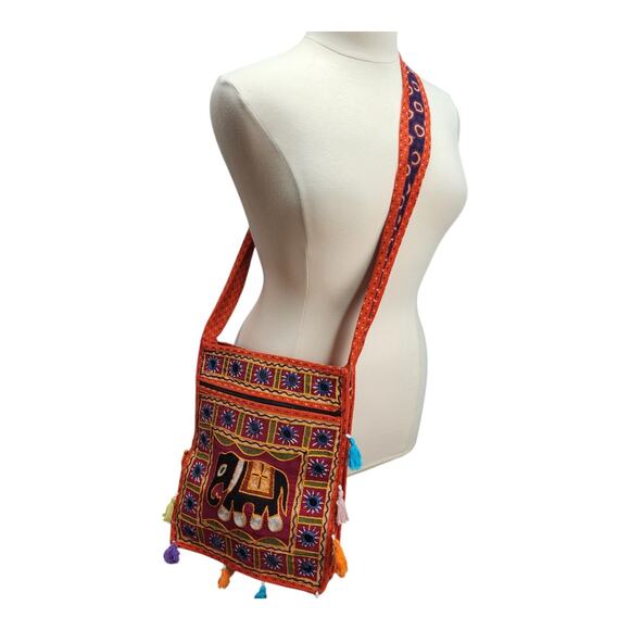 Elephant Purse Indian Boho Crossbody Handbag Wide Strap Embroidered Mirror Hippi - Picture 3 of 13